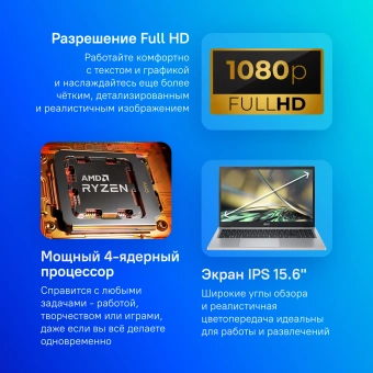 Ноутбук Acer Aspire 3 A315-24P-R80J Ryzen 5 7520U 16Gb SSD512Gb AMD Radeon 610M 15.6" IPS FHD (1920x1080) без ОС silver WiFi BT Cam (NX.KDECD.009) - купить недорого с доставкой в интернет-магазине