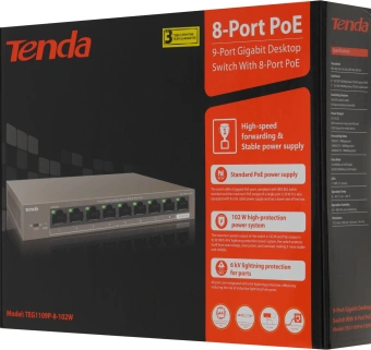 Коммутатор Tenda TEG1109P-8-102W (L2) 9x1Гбит/с 8PoE 92W неуправляемый - купить недорого с доставкой в интернет-магазине