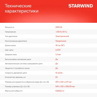 Цепная пила Starwind SE-2418-SM от сети 2400Вт 3.26л.с. дл.шины:18" (45cm) - купить недорого с доставкой в интернет-магазине