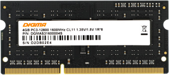 Память DDR3L 4Gb 1600MHz Digma DGMAS31600004S RTL PC3-12800 CL11 SO-DIMM 204-pin 1.35В single rank - купить недорого с доставкой в интернет-магазине