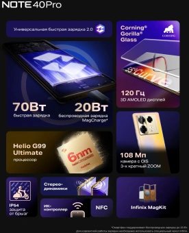 Смартфон Infinix X6850 Note 40 Pro 256Gb 12Gb зеленый моноблок 3G 4G 2Sim 6.78" 1080x2436 Android 14 108Mpix 802.11 a/b/g/n/ac NFC GPS GSM900/1800 GSM1900 TouchSc Protect FM - купить недорого с доставкой в интернет-магазине