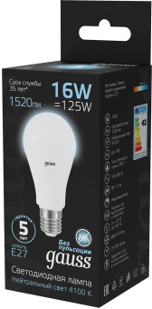 Лампа светодиодная Gauss A60 16Вт цок.:E27 груша 220B св.свеч.бел.нейт. (упак.:1шт) (102502216) - купить недорого с доставкой в интернет-магазине