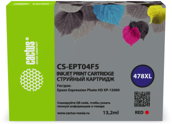 Картридж струйный Cactus CS-EPT04F5 478XL красный (13.2мл) для Epson Expression Photo HD XP-15000 с чипом - купить недорого с доставкой в интернет-магазине