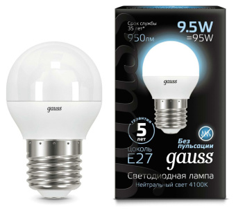 Лампа светодиодная Gauss 9.5Вт цок.:E27 шар 220B св.свеч.бел.нейт. P45 (упак.:10шт) (105102210) - купить недорого с доставкой в интернет-магазине