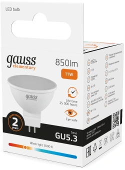 Лампа светодиодная Gauss Elementary 13511 11Вт цок.:GU5.3 софит 220B св.свеч.бел.теп. MR16 (упак.:10шт) - купить недорого с доставкой в интернет-магазине