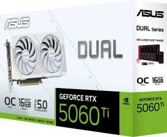 Видеокарта Asus PCI-E 5.0 DUAL-RTX5060TI-O16G-WHITE NVIDIA GeForce RTX 5060TI 16Gb 128bit GDDR7 2602/28000 HDMIx1 DPx3 HDCP Ret - купить недорого с доставкой в интернет-магазине
