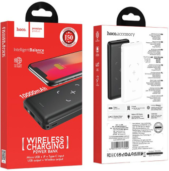 Мобильный аккумулятор Hoco J50 Surf 10000mAh 5W 2A USB-A беспров.зар. черный - купить недорого с доставкой в интернет-магазине