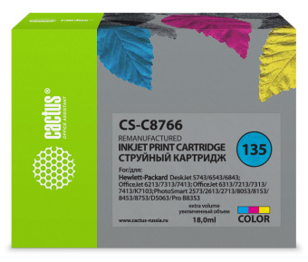 Картридж струйный Cactus CS-C8766 №135 многоцветный (18мл) для HP DJ 5743/6543/6843/DJ 6213/7313/7413/6313/7213/7313/7413/K7103/PS 2573/2613/2713/8053/8153/8453/8753/D5063/Pro B8353 с чипом - купить недорого с доставкой в интернет-магазине