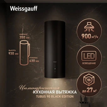 Вытяжка каминная Weissgauff Tubus 90 Black Edition черный управление: кнопочное (1 мотор) - купить недорого с доставкой в интернет-магазине