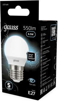 Лампа светодиодная Gauss 6.5Вт цок.:E27 шар 220B св.свеч.бел.нейт. P45 (упак.:10шт) (105102207) - купить недорого с доставкой в интернет-магазине