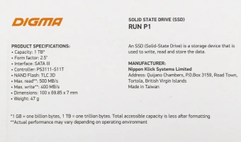 Накопитель SSD Digma SATA-III 1TB DGSR2001TP13T Run P1 2.5" - купить недорого с доставкой в интернет-магазине