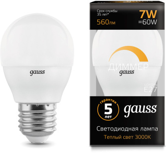 Лампа светодиодная Gauss 7Вт цок.:E27 шар 220B 3000K св.свеч.бел.теп. (упак.:10шт) (105102107-D) - купить недорого с доставкой в интернет-магазине