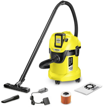 Строительный пылесос Karcher WD 3 Battery Set *EU-II 300Вт (уборка: сухая/влажная/выдув/сбор воды) желтый - купить недорого с доставкой в интернет-магазине