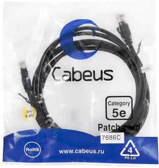 Патч-корд Cabeus PC-UTP-RJ45-CAT.5E-3M-BK U/UTP RJ-45 вил.-вилка RJ-45 кат.5E 3м черный ПВХ - купить недорого с доставкой в интернет-магазине