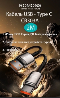 Кабель Romoss CB303A 1746962 USB (m)-USB Type-C (m) 2м черный - купить недорого с доставкой в интернет-магазине