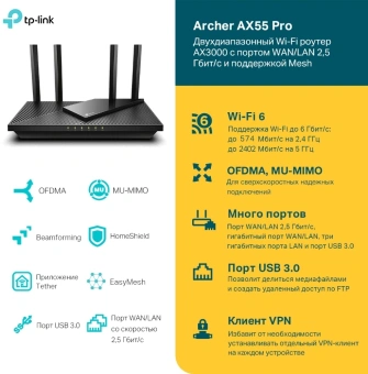 Роутер беспроводной TP-Link Archer AX55 Pro AX3000 100/1000/2500BASE-T черный - купить недорого с доставкой в интернет-магазине