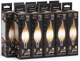 Лампа светодиодная Gauss Filament 9Вт цок.:E14 свеча 220B св.свеч.бел.теп. CF35 (упак.:10шт) (104801109) - купить недорого с доставкой в интернет-магазине