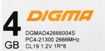 Память DDR4 4GB 2666MHz Digma DGMAD42666004S RTL PC4-21300 CL19 DIMM 288-pin 1.2В single rank Ret - купить недорого с доставкой в интернет-магазине