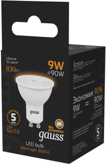 Лампа светодиодная Gauss 101506109 9Вт цок.:GU10 рефлек. 150B св.свеч.бел.теп. MR16 (упак.:1шт) - купить недорого с доставкой в интернет-магазине