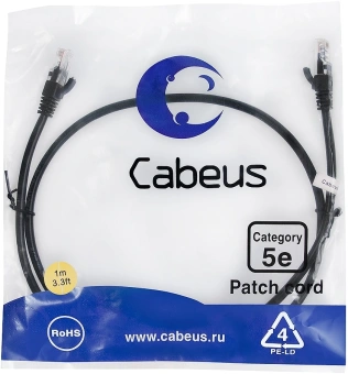 Патч-корд Cabeus PC-UTP-RJ45-CAT.5E-1M-BK-LSZH U/UTP RJ-45 вил.-вилка RJ-45 кат.5E 1м черный LSZH - купить недорого с доставкой в интернет-магазине