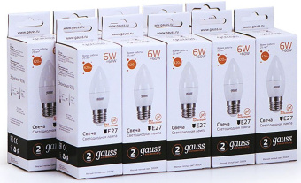 Лампа светодиодная Gauss Elementary 6Вт цок.:E27 свеча 220B св.свеч.бел.теп. C37 (упак.:10шт) (33216) - купить недорого с доставкой в интернет-магазине