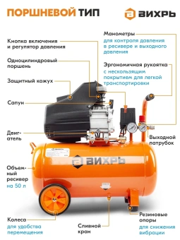Компрессор поршневой Вихрь КМП-50/300АМ масляный 300л/мин 50л 2000Вт оранжевый - купить недорого с доставкой в интернет-магазине