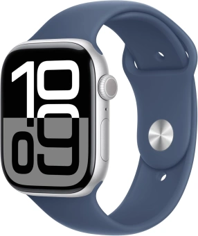 Смарт-часы Apple Watch Series 10 A2999 46мм 2.1" OLED корп.серебристый Sport Band рем.синий разм.брасл.:140-190мм (MWWL3LW/A) - купить недорого с доставкой в интернет-магазине