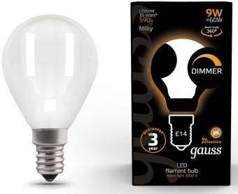 Лампа светодиодная Gauss Filament 105201109-D 9Вт цок.:E14 шар 220B 3000K св.свеч.бел.теп. (упак.:10шт) - купить недорого с доставкой в интернет-магазине