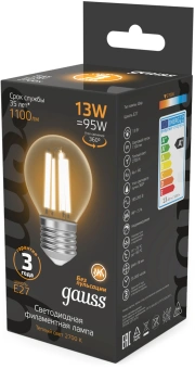 Лампа филам. Gauss Filament 13Вт цок.:E27 шар 220B св.свеч.бел.теп. (упак.:10шт) (105802113) - купить недорого с доставкой в интернет-магазине
