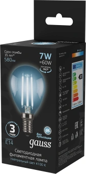 Лампа светодиодная Gauss Filament 7Вт цок.:E14 шар 220B св.свеч.бел.нейт. P45 (упак.:10шт) (105801207) - купить недорого с доставкой в интернет-магазине