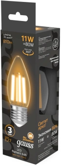 Лампа филам. Gauss Filament 11Вт цок.:E27 свеча 220B св.свеч.бел.теп. (упак.:10шт) (103802111) - купить недорого с доставкой в интернет-магазине