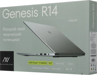 Ноутбук Machcreator Genesis R14 Ryzen 5 7640HS 16Gb SSD1Tb AMD Radeon 760M 14.1" IPS FHD (1920x1200) без ОС silver WiFi BT Cam 6550mAh (JJ00GW00GRU) - купить недорого с доставкой в интернет-магазине