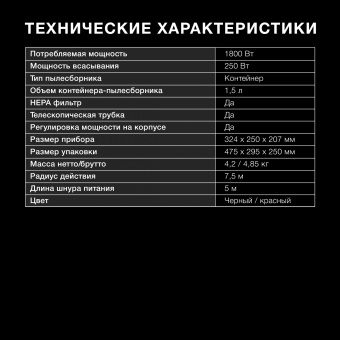 Пылесос Hyundai HYV-C1990 1800Вт красный/черный - купить недорого с доставкой в интернет-магазине