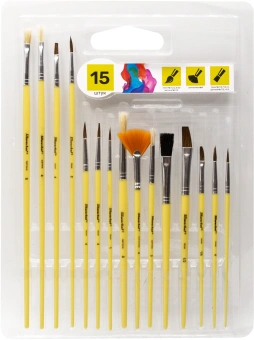 Набор кистей Silwerhof Color (наб.15шт) пон.кр.№1,2,3,4,5/плос.№1/2, 1/4, 4/кр.№3,5/плоск.№1/2, 4, 8/синт.веер.№4 - купить недорого с доставкой в интернет-магазине