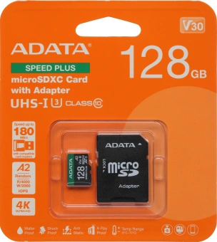 Флеш карта microSDXC 128GB A-Data UD128GUI3V30A2SP-RA1 Speed Plus V30 A2 + adapter - купить недорого с доставкой в интернет-магазине