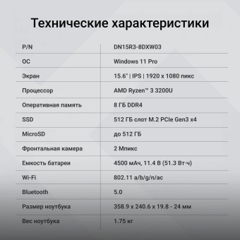 Ноутбук Digma EVE A5820 Ryzen 3 3200U 8Gb SSD512Gb AMD Radeon Graphics 15.6" IPS FHD (1920x1080) Windows 11 Pro black WiFi BT Cam 4500mAh (DN15R3-8DXW03) - купить недорого с доставкой в интернет-магазине