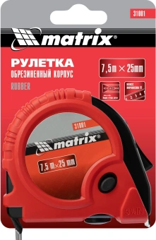 Рулетка строительная Matrix Rubber дл.полотна 7.5м изм.шкала в см зацеп простой красный/черный (31001) - купить недорого с доставкой в интернет-магазине