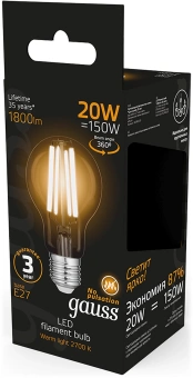 Лампа светодиодная Gauss Filament 102902120 20Вт цок.:E27 груша 220B св.свеч.бел.теп. (упак.:10шт) - купить недорого с доставкой в интернет-магазине
