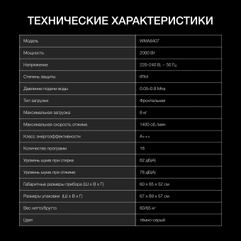 Стиральная машина Hyundai WMA8407 класс: A+++ загр.фронтальная макс.:8кг темно-серый инвертор - купить недорого с доставкой в интернет-магазине