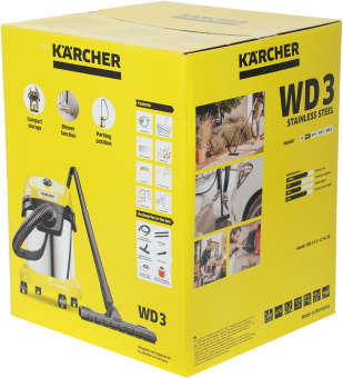 Строительный пылесос Karcher WD 3 S V-17/4/20 1000Вт (уборка: сухая/сбор воды) желтый - купить недорого с доставкой в интернет-магазине