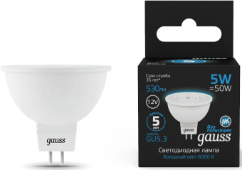 Лампа светодиодная Gauss 201505305 5Вт цок.:GU5.3 рефлек. 12B 6500K св.свеч.бел.хол. (упак.:1шт) - купить недорого с доставкой в интернет-магазине