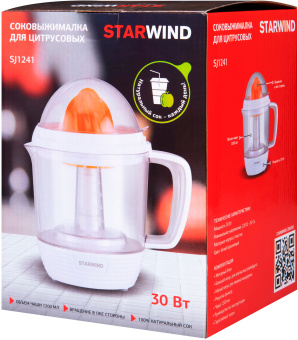 Соковыжималка цитрусовая Starwind SJ1241 30Вт рез.сок.:1200мл. белый/прозрачный - купить недорого с доставкой в интернет-магазине