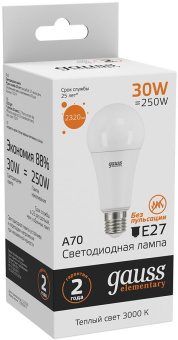 Лампа светодиодная Gauss Elementary A67 30Вт цок.:E27 груша 220B 3000K св.свеч.бел.теп. А67 (упак.:1шт) (73219) - купить недорого с доставкой в интернет-магазине
