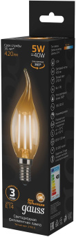 Лампа филам. Gauss Filament 5Вт цок.:E14 свеча 220B 2700K св.свеч.бел.теп. (упак.:10шт) (104801105) - купить недорого с доставкой в интернет-магазине