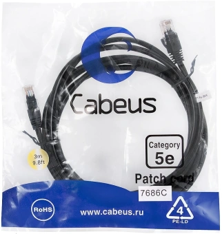Патч-корд Cabeus PC-UTP-RJ45-CAT.5E-3M-BK-LSZH U/UTP RJ-45 вил.-вилка RJ-45 кат.5E 3м черный LSZH - купить недорого с доставкой в интернет-магазине