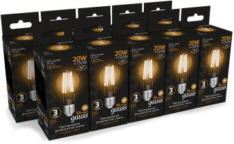Лампа светодиодная Gauss Filament 102902120 20Вт цок.:E27 груша 220B св.свеч.бел.теп. (упак.:10шт) - купить недорого с доставкой в интернет-магазине