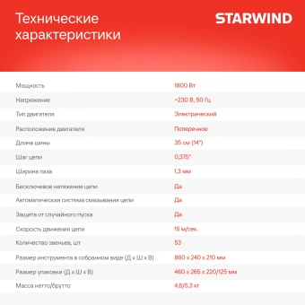 Цепная пила Starwind SE-1814 от сети 1800Вт 1л.с. дл.шины:14" (35cm) - купить недорого с доставкой в интернет-магазине