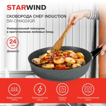 Сковорода Starwind Chef Induction SW-CHI4024GR круглая 24см покрытие: Pfluon ручка несъемная (без крышки) серый - купить недорого с доставкой в интернет-магазине