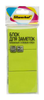 Блок самоклеящийся бумажный Silwerhof 38x51мм 100лист. 75г/м2 неон зеленый европодвес (упак.:3шт) - купить недорого с доставкой в интернет-магазине