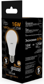 Лампа светодиодная Gauss 16Вт цок.:E27 шар 220B 3000K св.свеч.бел.теп. A60 (упак.:10шт) (102502116) - купить недорого с доставкой в интернет-магазине